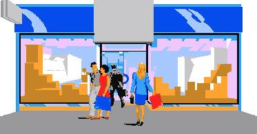 Customers around a store front.