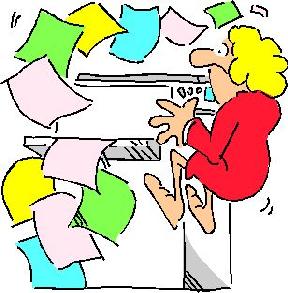 A cartoon of a woman being startled when a lot of papers fly out of a copy machine.