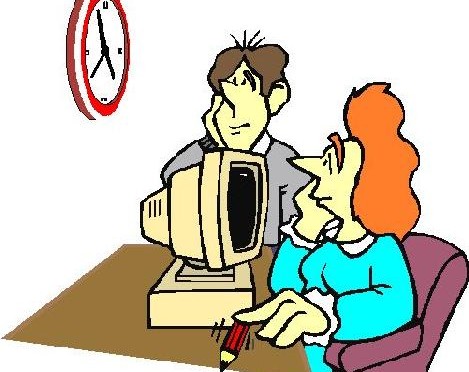 Two workers sitting at a desk but only staring at the clock.