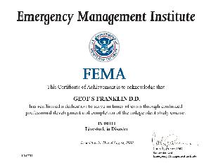 A photograph of Geof's FEMA Certificate for ICS111.