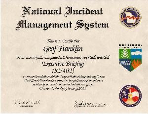 A photograph of Geof's NIMS Certificate for ICS402.