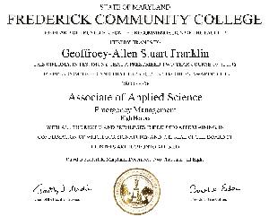 A photo of Geof's diploma in Emergency Management from Frederick Community College.