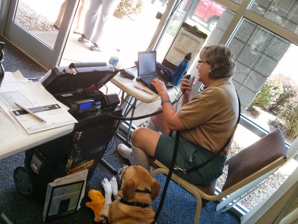 Barbara, KI4BQT, uses the portable station in the field while Copper the Service Dog watches.