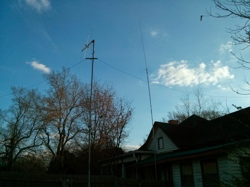 A picture of a five antennas on two push up poles.
