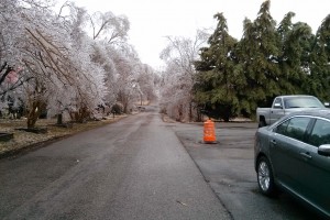 Trees and roads covered in ice.